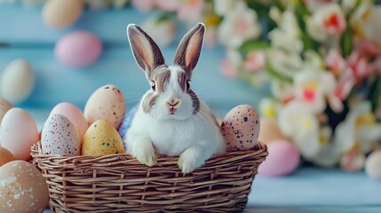 White and gray bunny sitting in wicker basket surrounded by decorated Easter eggs and spring cherry blossoms against blue wooden background. Festive holiday composition.