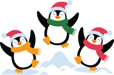 cute penguins winter hats vector, christmas cartoon illustration snow fun design