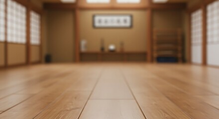 Traditional japanese dojo interior with wooden floor and tatami mats, serene atmosphere for commercial usage and mockups