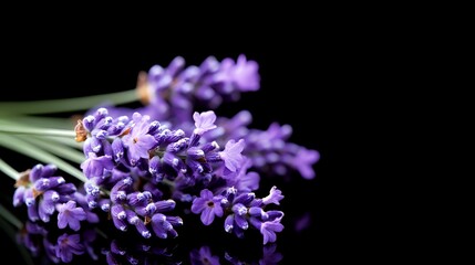 Fototapeta premium Purple lavender flowers in bloom against dark background, macro photography showcasing delicate petals and natural aromatherapy herb details.