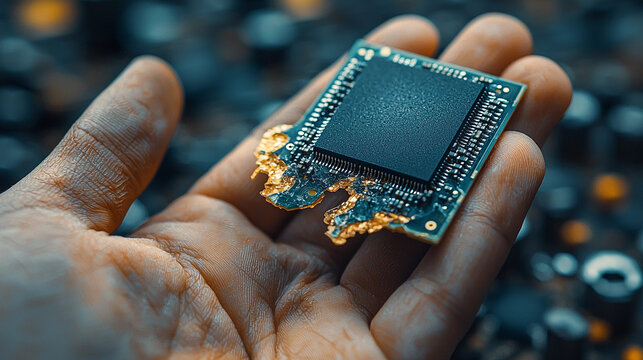 Hand holding broken silicon chip in a technology setting Generative AI
