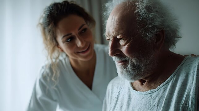 A caregiver smiles warmly while interacting with an elderly man indoors