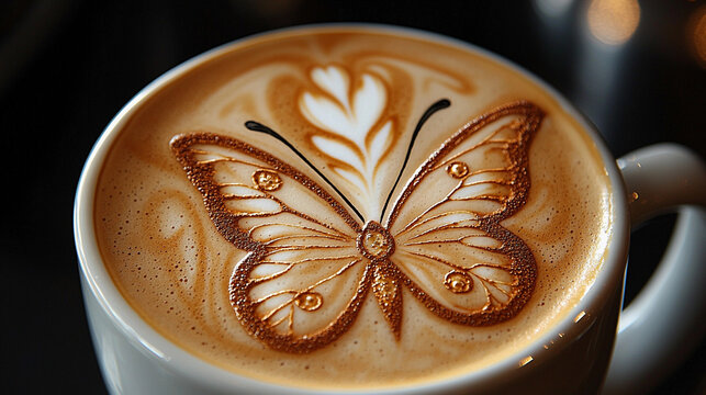 Latte art butterfly design in a creamy cup of coffee Generative AI