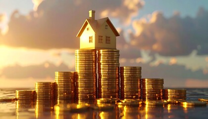A tiny golden house rests atop a stack of coins, representing wealth or investment, under a warm, sunset sky. The coins are on a small island
