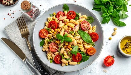 A top-down shot of a vibrant pasta salad with cherry tomatoes, white beans, fresh basil, and corn. Gold utensils and other ingredients surround it