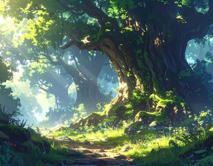 Sunlight streams through the lush, green canopy, illuminating a path in an overgrown forest, revealing a tranquil atmosphere