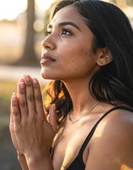 Woman in prayerful pose outdoors