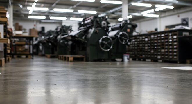 Row of industrial printing machines in a factory setting, modern manufacturing equipment for commercial usage and mockups