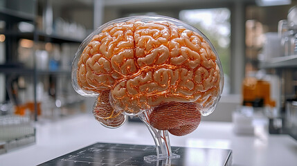 Under examination is a clear model of a brain in a lab Generative AI