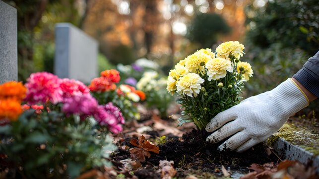 Autumn gravesite care with white-gloved hand planting colorful flowers before All Saints Day