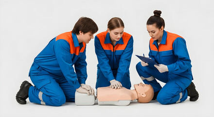 Three emergency responders practicing CPR on a mannequin in a training session
