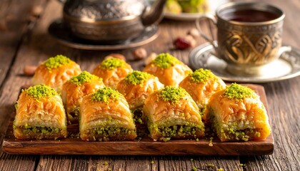 Tray of baklava pieces, topped with green garnish. Tea set in background, all atop a rustic wooden surface