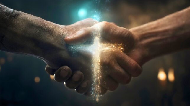 A Christian handshake with a sparkling cross of light, a divine and magical symbol of faith, unity and agreement, a concept of fellowship, brotherhood and the Holy Spirit, a powerful religious image.
