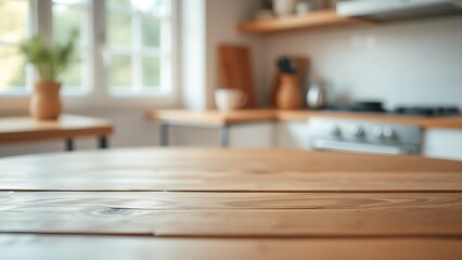 A wooden table with subtle grain texture, softly lit by kitchen window light creating a gentle bokeh effect.