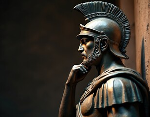Bronze statue shows roman warrior in helmet. Strong man soldier looks thoughtful. Ancient history, brave commander person portrait on dark backdrop, antique sculpture monument art.