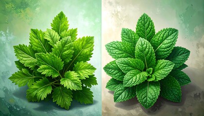 Two contrasting bunches of vibrant green leafy plants, with soft blurred, painted backgrounds, side-by-side