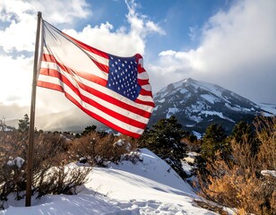 U.S. flag waves against a snowy mountain backdrop with shrubs and cloudy skies, bathed in sunlight