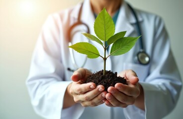 Doctor in lab coat holds small green plant with soil in hands. Medical researcher offers sprout as symbol of growth, life, eco awareness. Health care worker shows hope for nature.