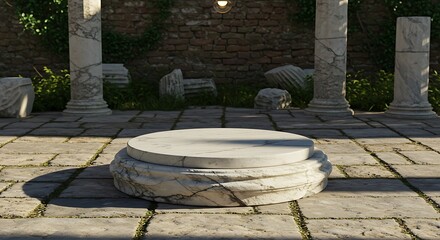 Ancient marble pedestal in ruins with columns and stone floor, historical setting for commercial usage and mockups