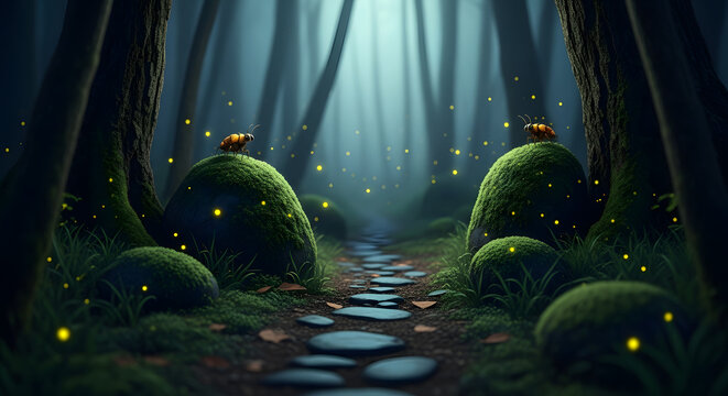 A forest path with mossy rocks fireflies and two beetles on top of the mossy rocks in the forest