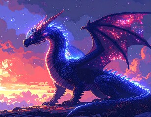 Vivid, colorful dragon art under star sky with pink and orange clouds, stylized, textured, fantasy creature portrait