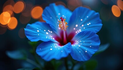 Close up on glowing blue hibiscus. Night scene with magical light, bokeh. Floral bloom with vibrant color, digital artwork, surreal, fantasy. Petals shimmer, light, elegant style for background