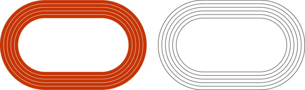 Running athletics track with soccer stadium. Top view of arena field with lines and marks. Stadium, race track, arena and field or cycling venue, field for sports competitions. Vector or png image.