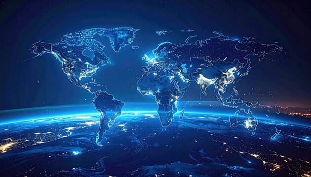 Global Network Connections illuminated World Map at Night with Bright Blue Lights Representing Cities and Data Flow Technology Concept