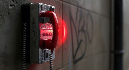A red emergency box with danger sign on a graffiti covered wall