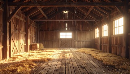 Warm light floods a spacious, empty wooden barn with scattered straw and a vintage bare bulb hanging above