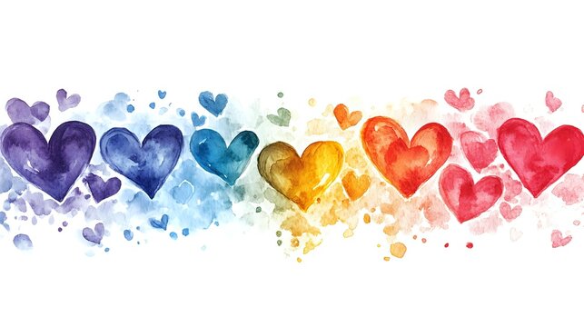 Watercolor rainbow hearts border with splashes and tiny floating hearts in purple, blue, yellow, orange and red colors on white background. Seamless pattern.