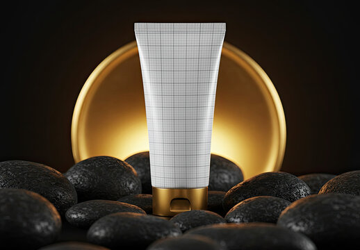 Tube Mockup with Gold Details and Rocks