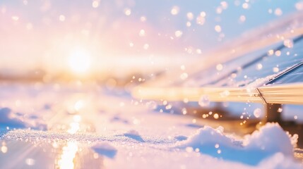 Obraz premium Snow covers solar panels during sunrise at a remote location in winter