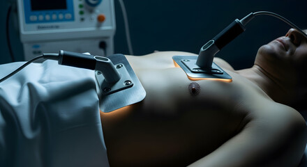 Close-up view of a person receiving emergency cardiac resuscitation with defibrillator paddles on their chest