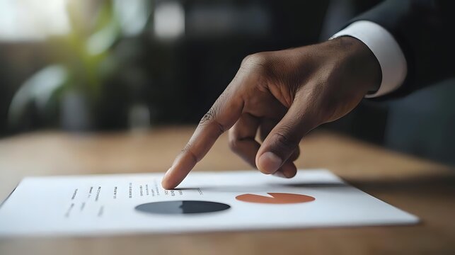 African American businessman pointing at financial charts and graphs on document, analyzing business data and statistics in modern office setting.