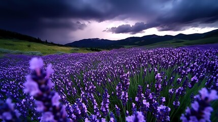Purple lavender field stretches across rolling hills under dramatic stormy sky with dark clouds and mountain silhouettes at dusk, creating moody natural landscape.