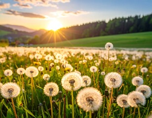 Golden hour over a field of dandelions and grassy landscape