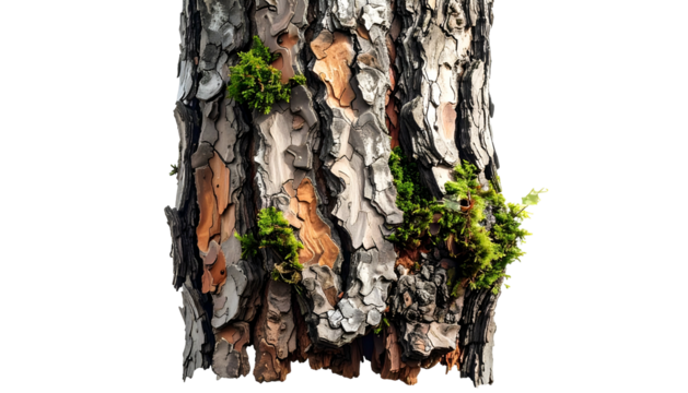 Close-up shot of tree trunk with textured bark and green moss