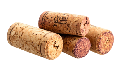 Close-up of four aged, textured corks, isolated on black