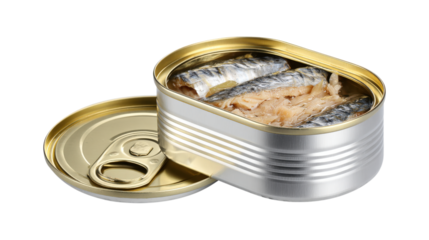 Canned fish in opened tin can isolated on a white background