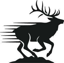 Obraz premium Dynamic silhouette of a running elk with streaking lines conveying speed and motion in a bold black and white design