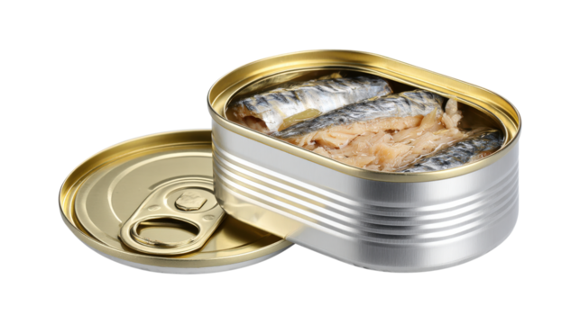 Canned fish in opened tin can isolated on a white background