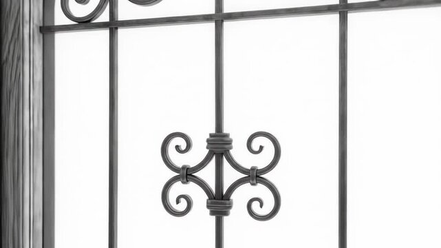A wrought iron window with scrollwork and a pointed finial on a wooden arched frame, showcasing detail against a bright backdrop
