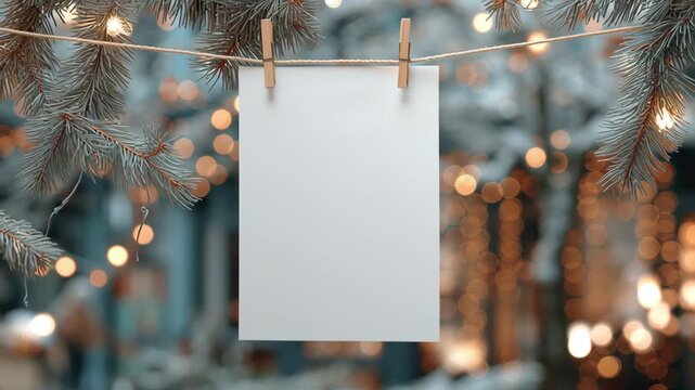 Blank white paper mockup hanging on Christmas tree branches, blurred winter landscape bokeh background. Christmas-themed poster mock-up. Twinkling fairy light decoration. Festive colors. Greeting card