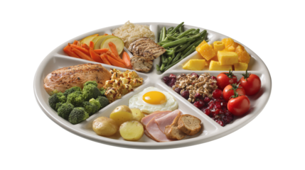ChooseMyPlate Healthy Food and Plate of USDA Balanced Diet Recommendation isolated on a white background