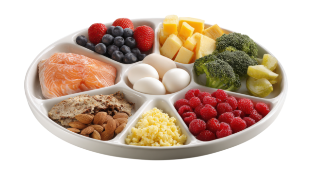 ChooseMyPlate Healthy Food and Plate of USDA Balanced Diet Recommendation isolated on a white background