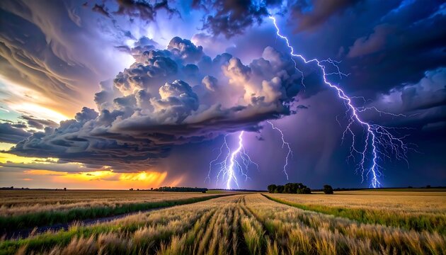 A vast wheat field is struck by multiple lightning strikes under a dramatic, stormy sky at sunset. Dark clouds dominate - Powered by Adobe