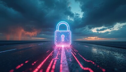 Glowing padlock with circuit pattern data security, cloud computing, digital protection. Padlock floats above road reflecting network. Stormy dark sky at sunrise suggests threat danger vulnerability,