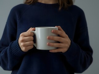 Woman in navy blue sweater holding ceramic mug, soft grey background
