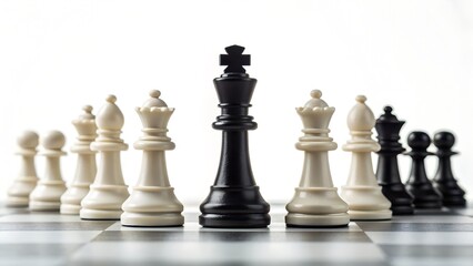 Black King Chess Piece Dominates White Pieces on Board Strategic Game Concept